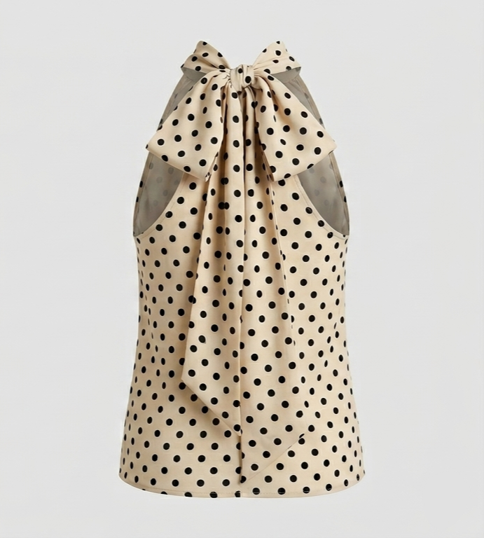 Top Halter a Pois con Maxi Fiocco Posteriore – Crema/Nero