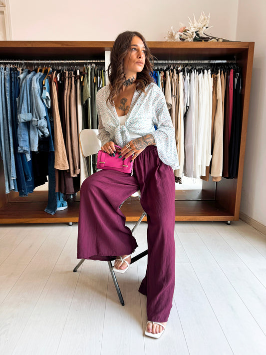 Pantaloni Palazzo Fluidi color Prugna con Vita Elasticizzata