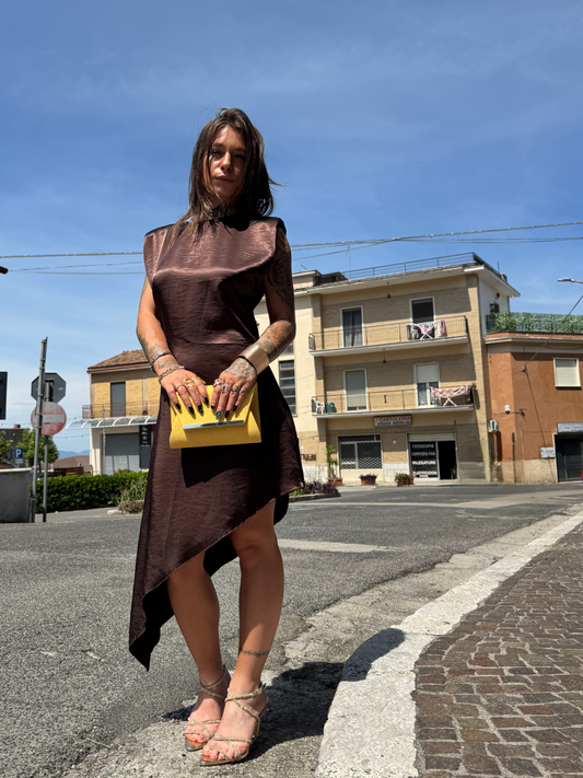 Abito Asimmetrico in Satin Cioccolato con Spalline – Rossini