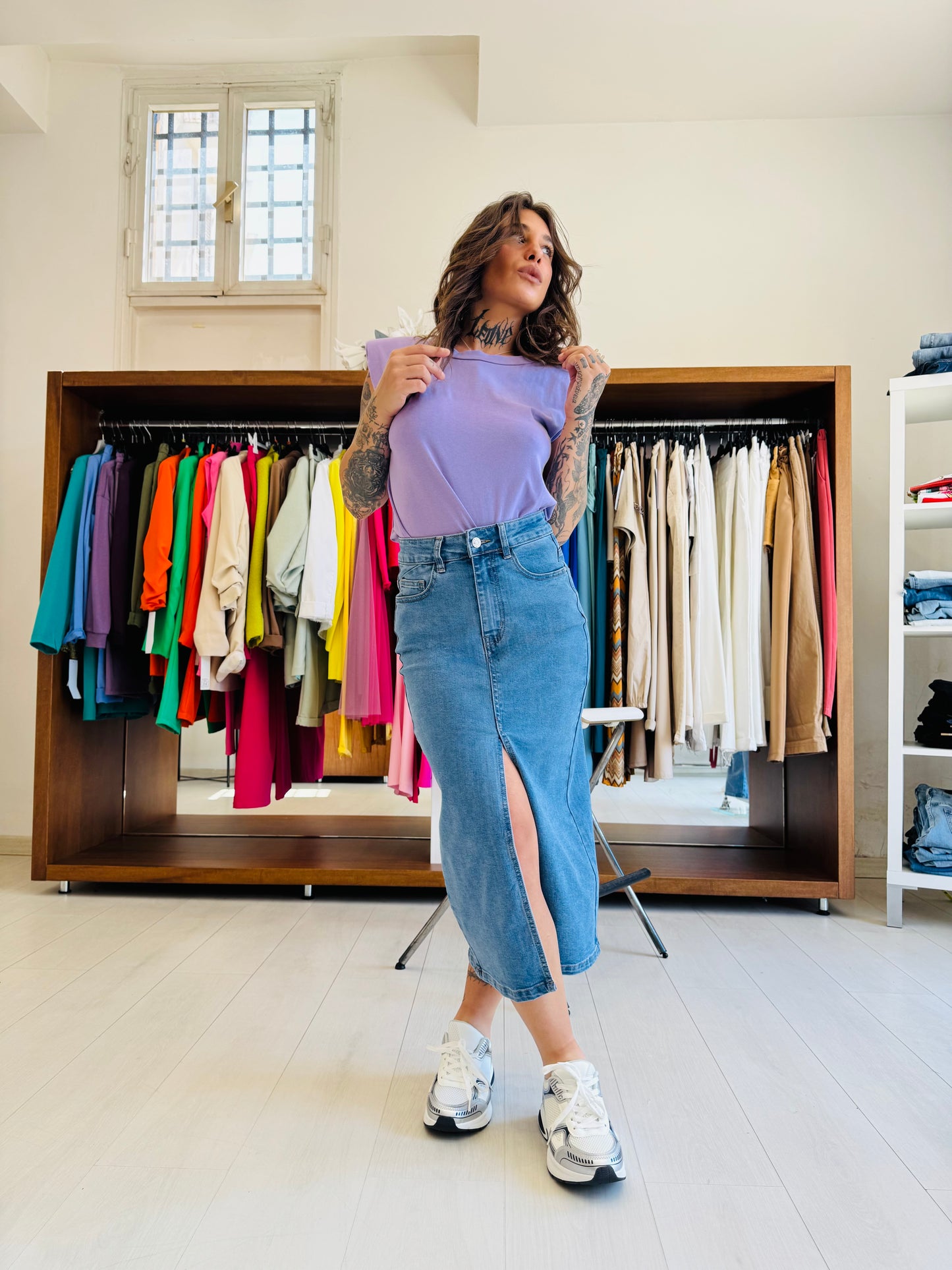 Gonna in Denim Midi con Spacco Frontale