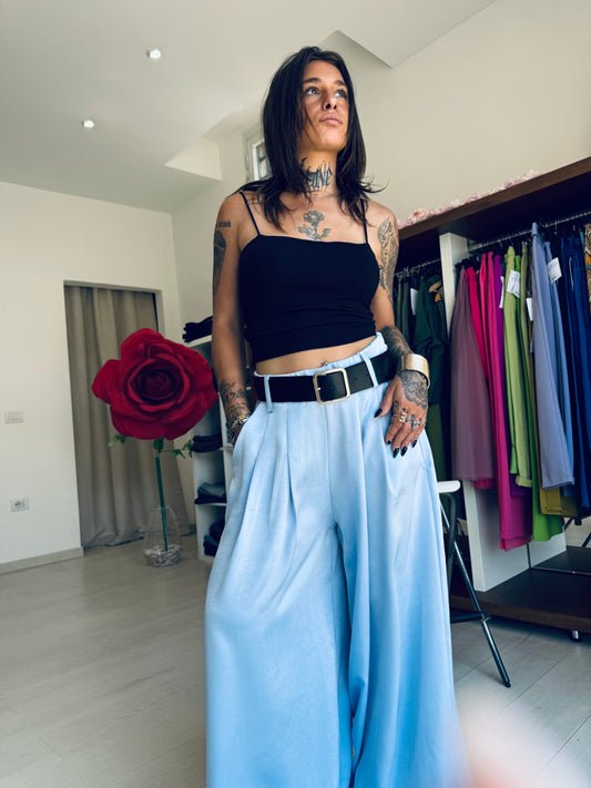 Pantalone Palazzo Satin Celeste con Pinces