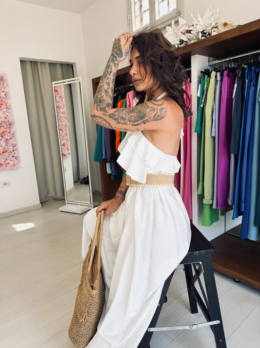 Abito Lungo con Scollo all'Americana e Volant - Stile Boho-Chic