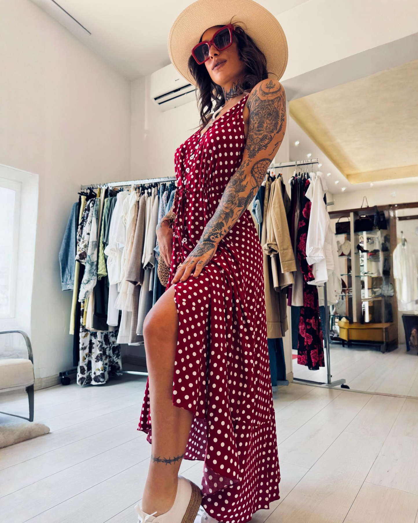 Vestito Lungo Rosso a Pois - Collezione Estate