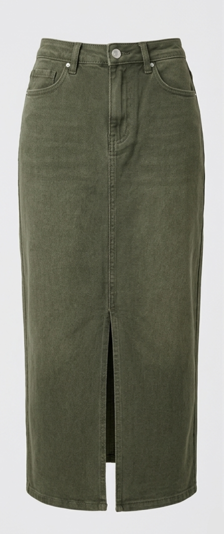 Denim Midi Skirt – Olive Wash 🌿