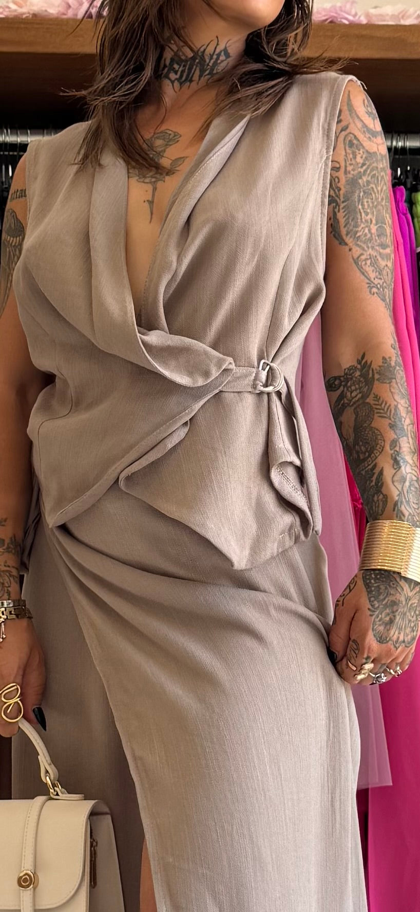Completo Co-ord in Misto Lino - Gilet Incrociato + Gonna con Spacco