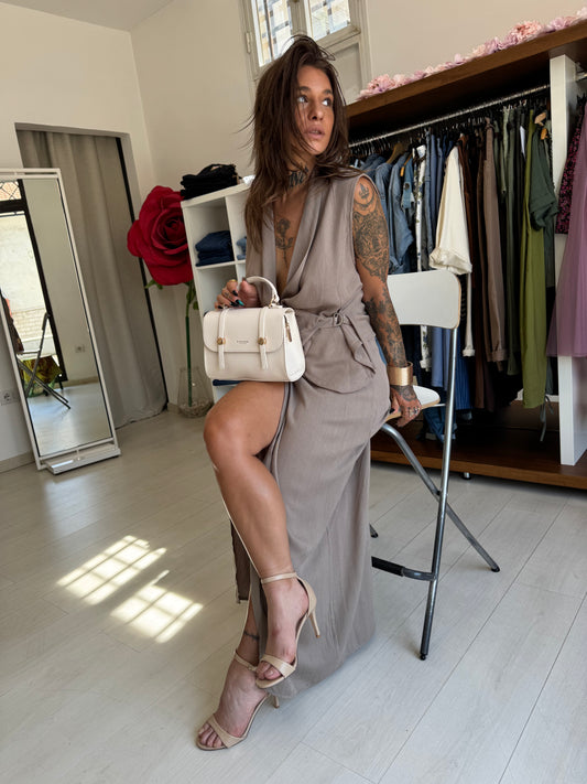 Completo Co-ord in Misto Lino - Gilet Incrociato + Gonna con Spacco