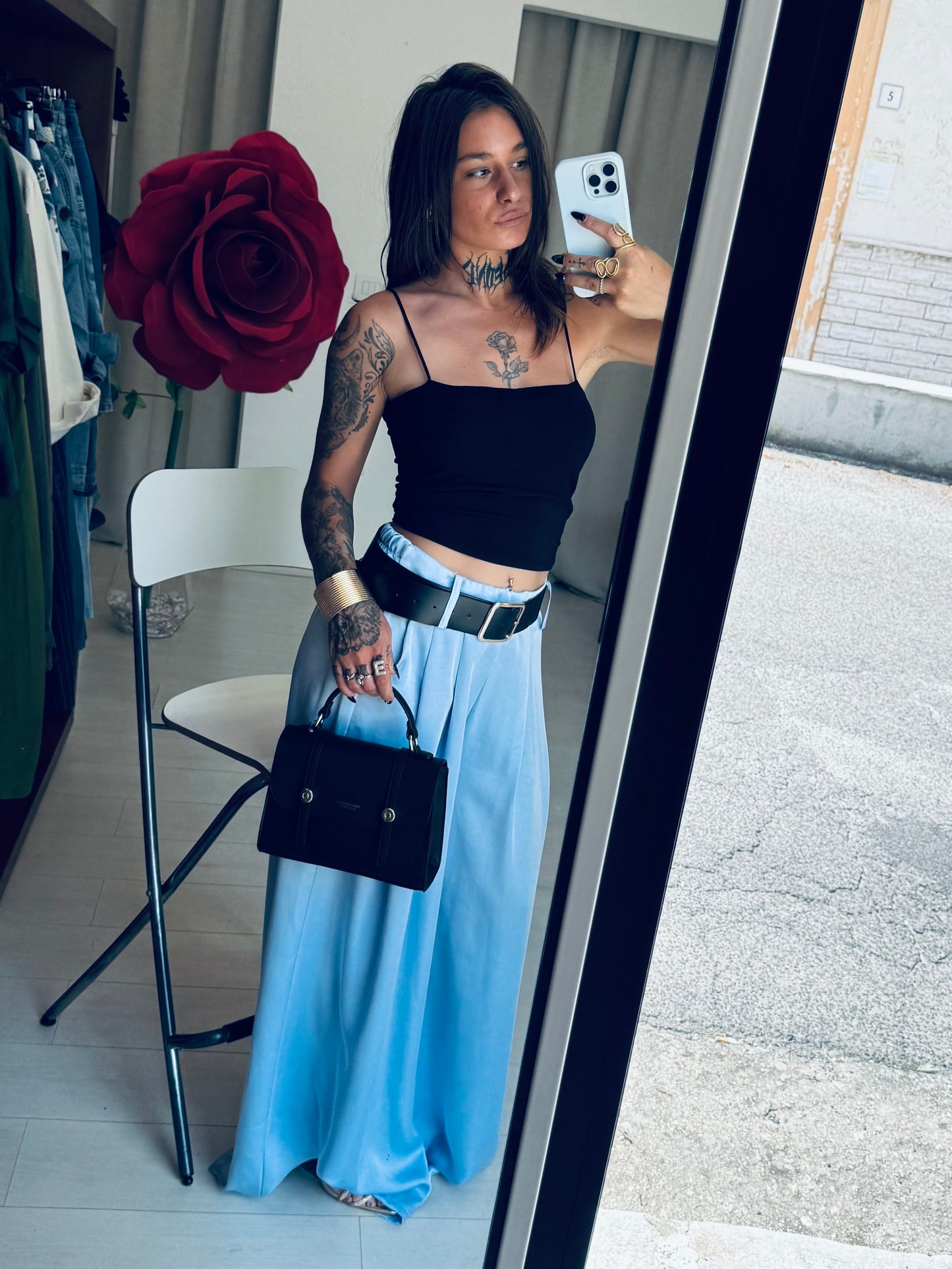 Pantalone Palazzo Satin Celeste con Pinces