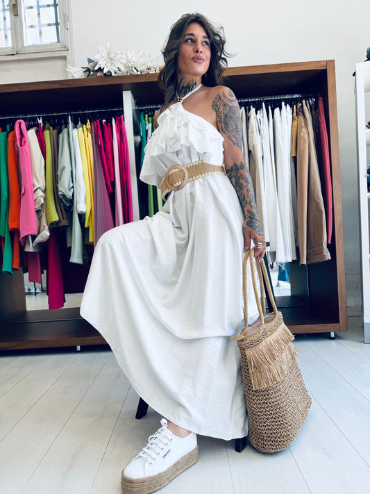 Abito Lungo con Scollo all'Americana e Volant - Stile Boho-Chic