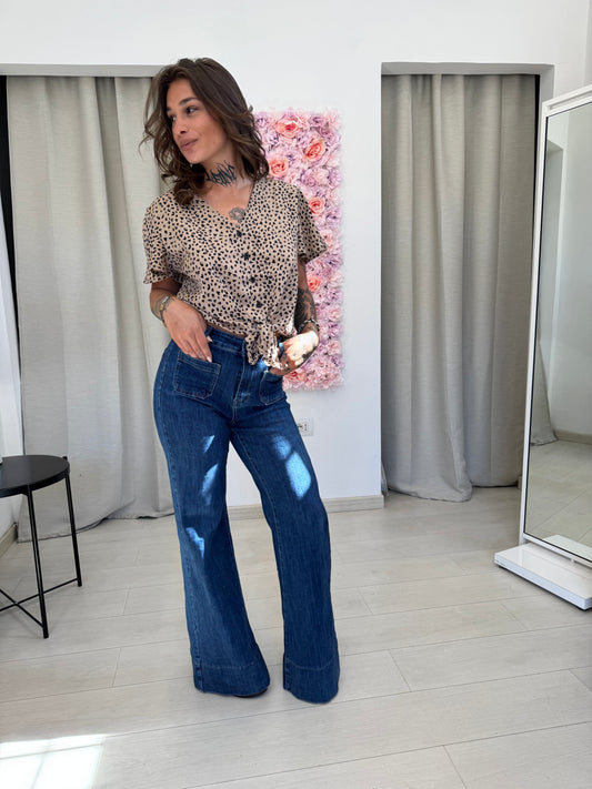 Jeans Estee Brown Wide Leg a Vita Alta con Tasche Patch - Denim Scuro